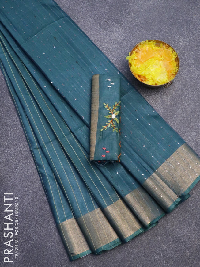 Semi tussar saree peacock blue with allover thread weaves and sequin work pallu & embroidery work blouse