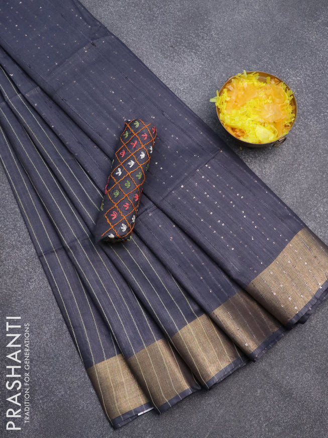 Semi tussar saree grey shade with allover thread weaves and sequin work pallu & embroidery work blouse