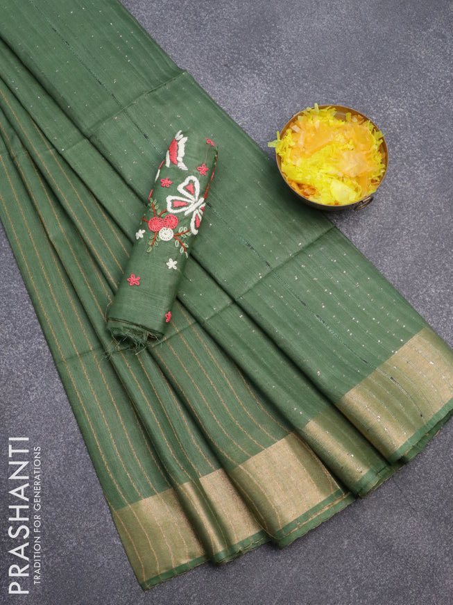 Semi tussar saree green with allover thread weaves and sequin work pallu & embroidery work blouse