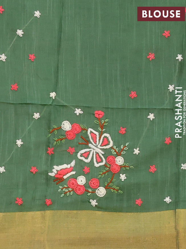 Semi tussar saree green with allover thread weaves and sequin work pallu & embroidery work blouse