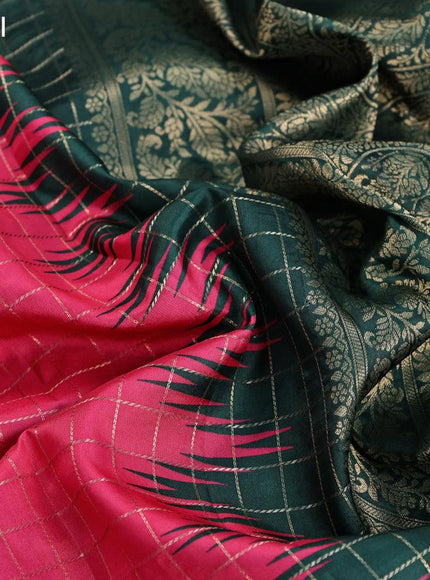 Semi raw silk saree candy pink and dark green with allover zari checked pattern and temple design copper zari woven border