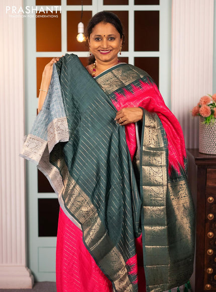 Semi raw silk saree candy pink and dark green with allover zari checked pattern and temple design copper zari woven border