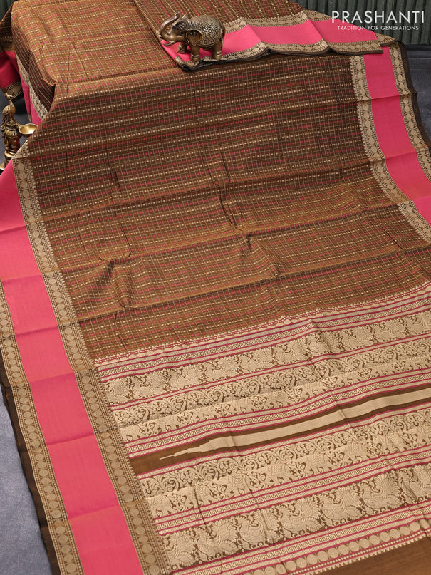 Kanchi cotton saree sap green and maroon with allover thread checked pattern and rettapet thread woven border