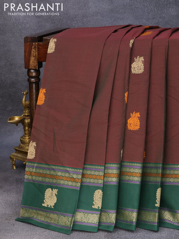 Kanchi cotton saree manthulir green and green with thread woven buttas and rettapet thread woven border