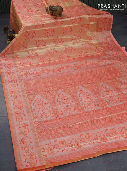 Tissue semi kanjivaram silk saree cream and dual shade of pink with floral design butta weaves and floral design zari woven border