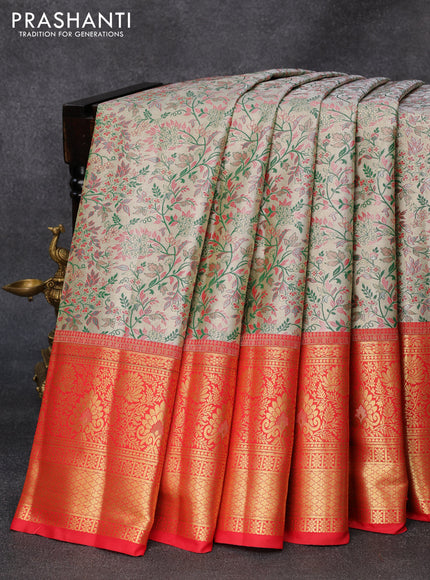 Tissue semi kanjivaram silk saree grey shade green and red with allover thread & zari woven floral brocade weaves and long floral zari woven border