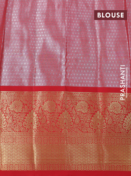 Tissue semi kanjivaram silk saree grey shade green and red with allover thread & zari woven floral brocade weaves and long floral zari woven border