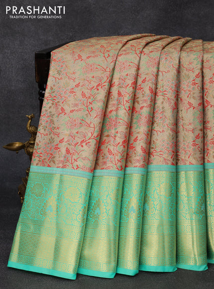 Tissue semi kanjivaram silk saree dual shade of red and teal green with allover thread & zari woven floral brocade weaves and long floral zari woven border