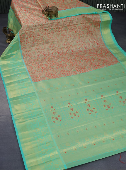 Tissue semi kanjivaram silk saree dual shade of red and teal green with allover thread & zari woven floral brocade weaves and long floral zari woven border