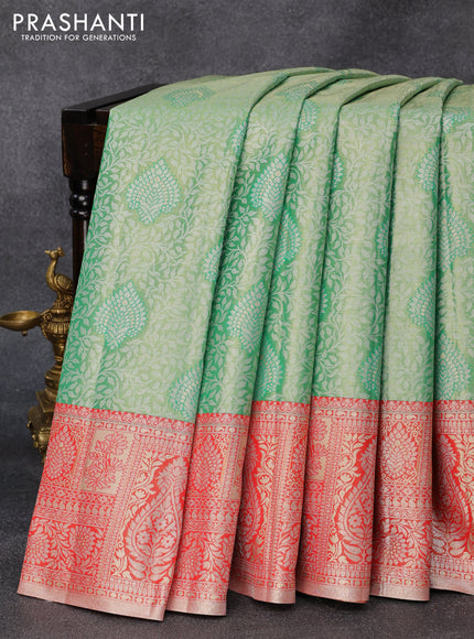 Tissue semi kanjivaram silk saree green and red with allover silver zari woven broacde weaves and silver zari woven border