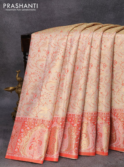 Tissue semi kanjivaram silk saree cream and red with allover thread & zari weaves and woven border