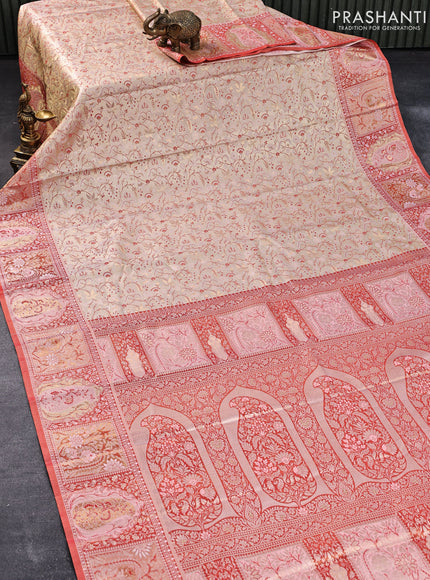 Tissue semi kanjivaram silk saree cream and red with allover thread & zari weaves and woven border