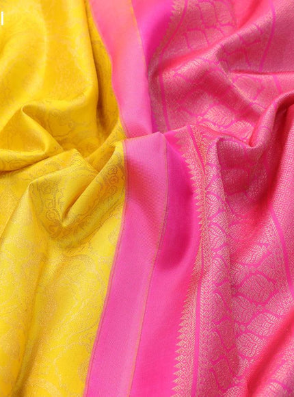 Pure kanjivaram silk saree yellow and pink with allover zari woven brocade weaves and long zari woven annam border