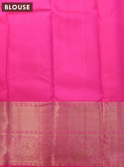 Pure kanjivaram silk saree yellow and pink with allover zari woven brocade weaves and long zari woven annam border