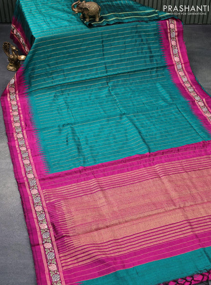 Pure dupion silk saree peacock green and magenta pink with allover zari weaves and temple woven floral design embroidery work border