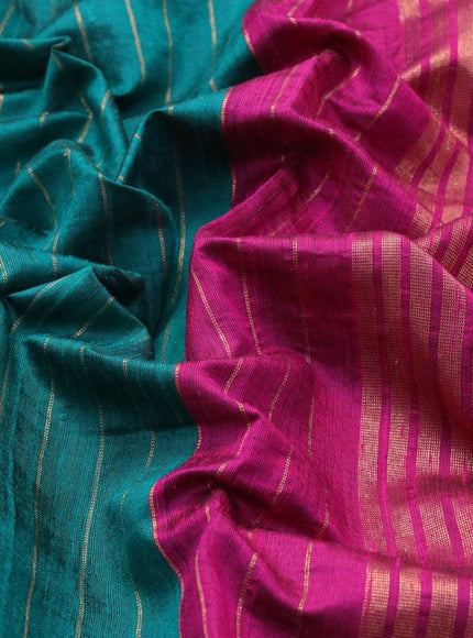 Pure dupion silk saree peacock green and magenta pink with allover zari weaves and temple woven floral design embroidery work border