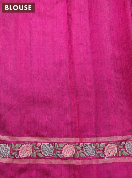 Pure dupion silk saree peacock green and magenta pink with allover zari weaves and temple woven floral design embroidery work border