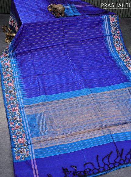 Pure dupion silk saree royal blue and cs blue with allover zari weaves and temple woven floral design embroidery work border