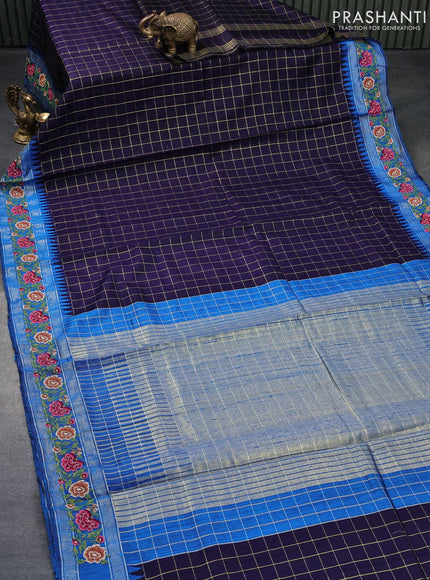 Pure dupion silk saree dark blue and cs blue with allover zari checked pattern and floral design embroidery work border