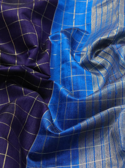 Pure dupion silk saree dark blue and cs blue with allover zari checked pattern and floral design embroidery work border