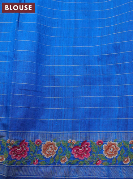 Pure dupion silk saree dark blue and cs blue with allover zari checked pattern and floral design embroidery work border