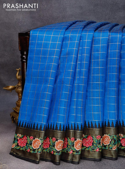 Pure dupion silk saree cs blue and black with allover zari checked pattern and floral design embroidery work border