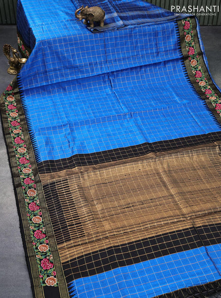 Pure dupion silk saree cs blue and black with allover zari checked pattern and floral design embroidery work border