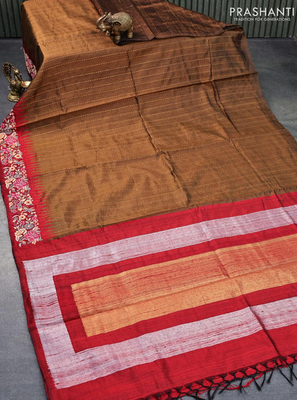 Pure dupion silk saree dark sap green and maroon with allover zari weaves and temple woven floral design embroidery work border