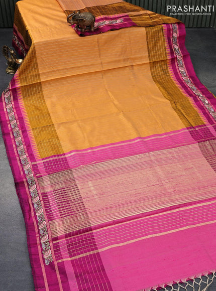 Pure dupion silk saree mustard yellow and magenta pink with allover zari weaves and temple woven floral design embroidery work border