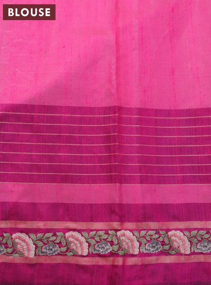 Pure dupion silk saree mustard yellow and magenta pink with allover zari weaves and temple woven floral design embroidery work border