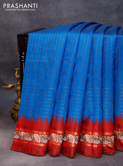 Pure dupion silk saree cs blue and maroon with allover zari checked pattern and temple woven floral design embroidery work border