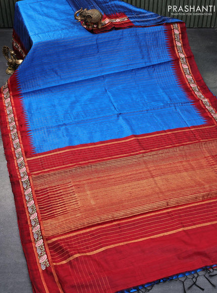 Pure dupion silk saree cs blue and maroon with allover zari checked pattern and temple woven floral design embroidery work border