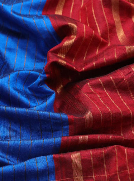 Pure dupion silk saree cs blue and maroon with allover zari checked pattern and temple woven floral design embroidery work border