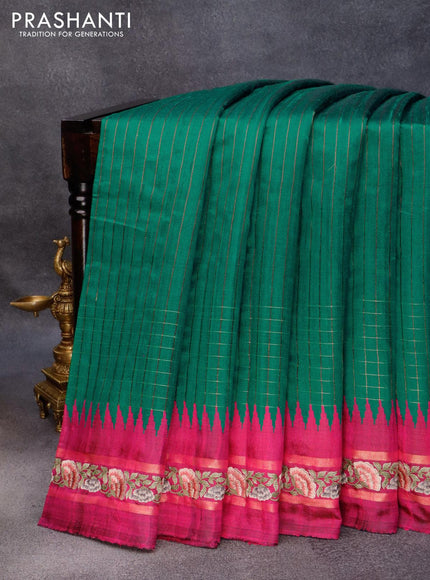 Pure dupion silk saree peacock green and magenta pink with allover zari checked pattern and temple woven floral design embroidery work border