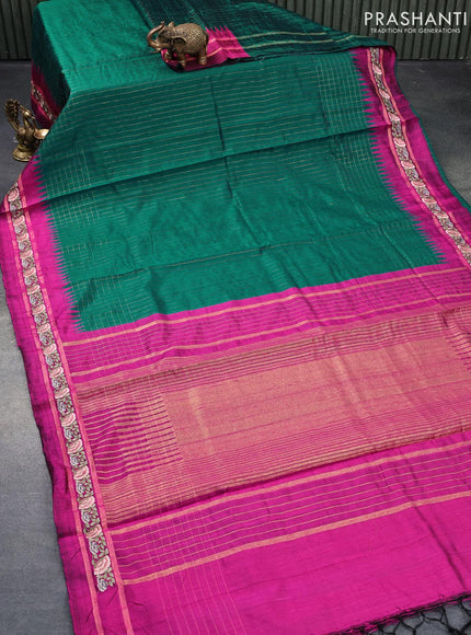 Pure dupion silk saree peacock green and magenta pink with allover zari checked pattern and temple woven floral design embroidery work border