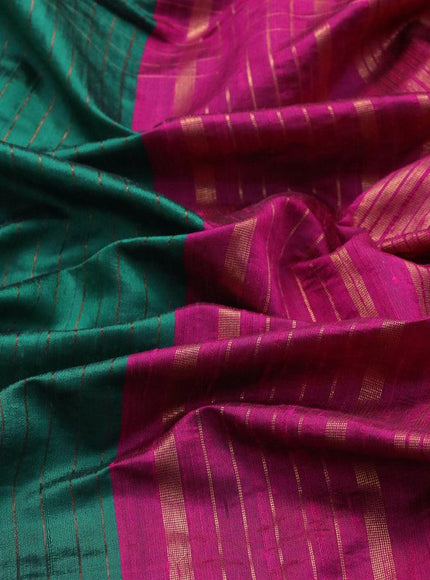 Pure dupion silk saree peacock green and magenta pink with allover zari checked pattern and temple woven floral design embroidery work border