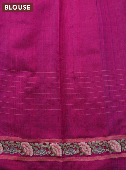 Pure dupion silk saree peacock green and magenta pink with allover zari checked pattern and temple woven floral design embroidery work border