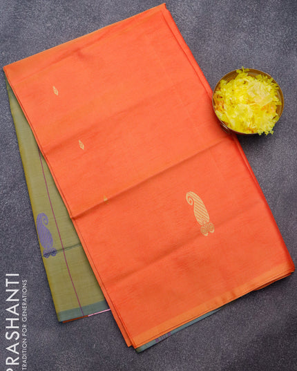 Banana pith saree orange and dual shade of greenish blue with thread woven buttas in borderless style