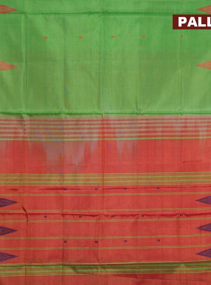 Banana pith saree green and dual shade of rust with thread woven buttas in borderless style