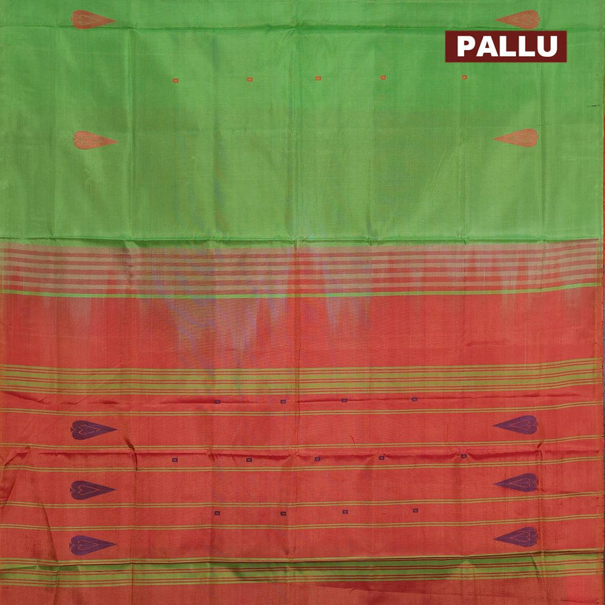 Banana pith saree green and dual shade of rust with thread woven buttas in borderless style