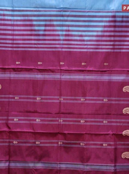 Banana pith saree light blue and magenta pink with thread woven buttas in borderless style