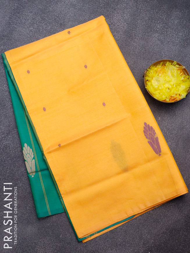 Banana pith saree mango yellow and green with thread woven buttas in borderless style