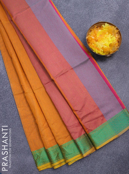 Maheshwari silk cotton saree mustard yellow and grey with allover stripes pattern and thread woven border