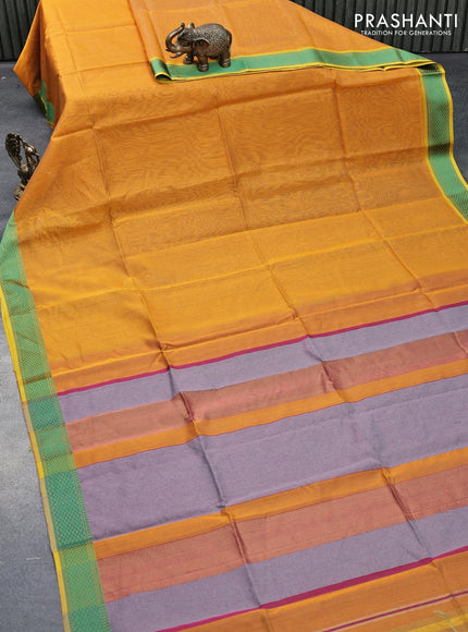 Maheshwari silk cotton saree mustard yellow and grey with allover stripes pattern and thread woven border