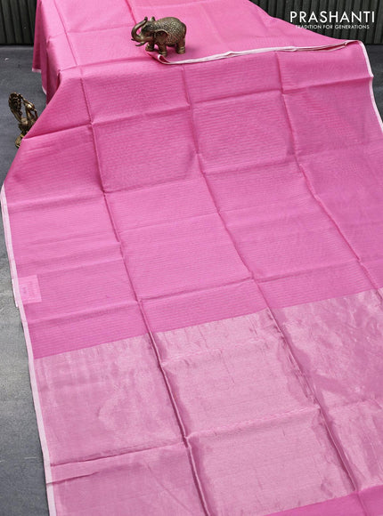 Maheshwari silk cotton saree pink with allover zari stripes pattern and piping border