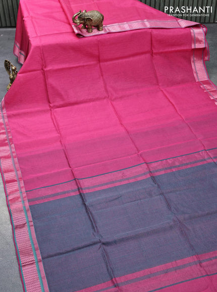 Maheshwari silk cotton saree magenta pink and dual shade of peacock blue with allover zari stripes pattern and zari woven border