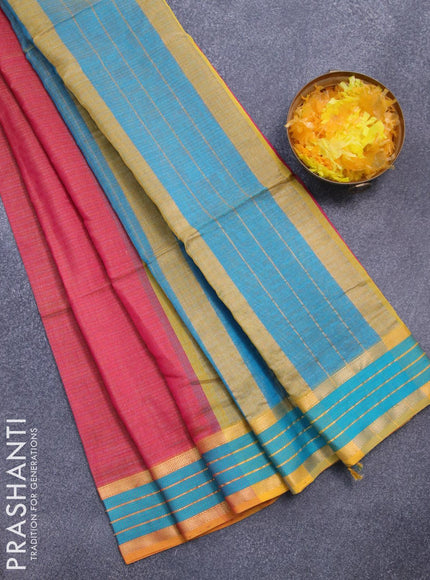 Maheshwari silk cotton saree dual shade of pink and teal blue with allover zari stripes pattern and thread & zari woven border