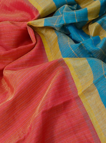 Maheshwari silk cotton saree dual shade of pink and teal blue with allover zari stripes pattern and thread & zari woven border