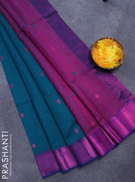 Maheshwari silk cotton saree peacock green and purple with zari woven buttas and zari woven border