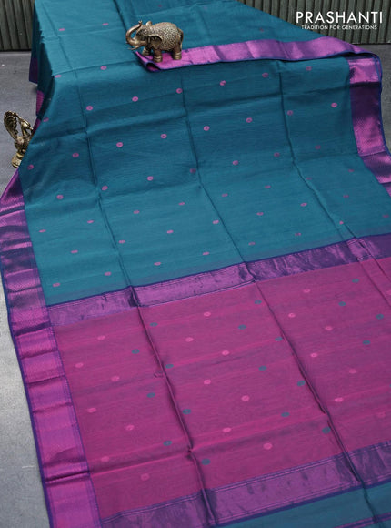 Maheshwari silk cotton saree peacock green and purple with zari woven buttas and zari woven border